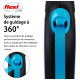 Laisse rétractable Flexi pour chien avec un système de guidage à 360° avec une sangle bleue et une poignée noire, mettant en avant son design sans enchevêtrement.