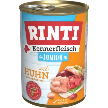 RINTI Kennerfleisch Junior puszkowana karma dla psów, z kurczakiem, bez zbóż, z obrazkami surowych kawałków mięsa i tekstem podkreślającym "Reich an Omega3."