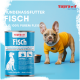 Blaue Dosen Supravit Fisch Nass-Hundefutter mit braunem Hund und deutschem Text, der natürliche, getreidefreie, vitaminreiche Qualität hervorhebt.