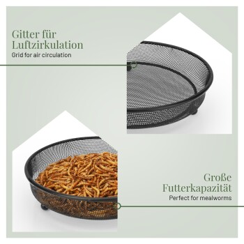 Schwarze Mesh-Futterschale gefüllt mit Mehlwürmern, mit dem Text: "Gitter für Luftzirkulation" und "Perfekt für Mehlwürmer."