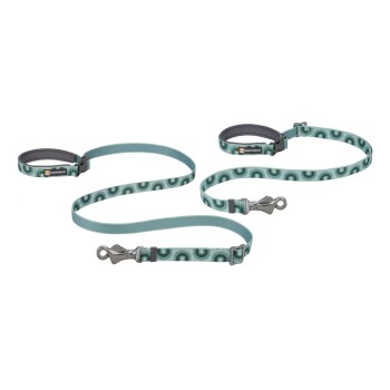 Eine türkisfarbene Hundeleine mit einem gemusterten Design, das sich überlappende Kreise zeigt, mit einem gepolsterten Griff und einem Metallclip zur Befestigung.