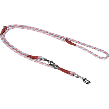 Eine bunte Hundeleine mit einem rot-blauen gestreiften Design, mit einem stabilen Metallclip zur Befestigung.