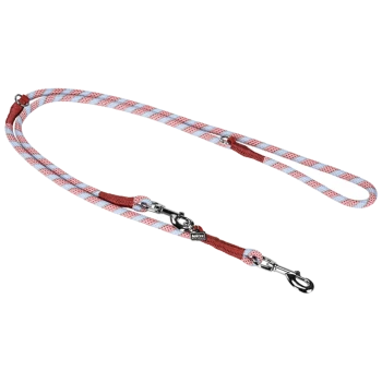 A colorful dog leash featuring a red and blue striped design, with a sturdy metal clip for attachment.