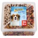 Ein klarer Behälter mit Hundeleckerlis, beschriftet mit "MultiFit Trainies Mix" und "XXL Box", entworfen für das Training und Belohnung von Hunden.