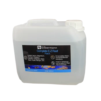 Behälter mit Silbermann Complete E-Z Reef Teil A, 3000 ml, mit einem schwarzen Etikett, das Zutaten wie Calcium, Magnesium und Strontium auflistet.