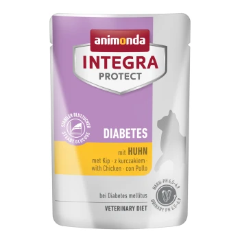 Integra Protect Adult Diabetes Huhn 24x85 g Beutel mit Animonda Integra Protect Hundefutter für Diabetes, mit Huhn, mit Text in Deutsch und Englisch, und einer Silhouette eines Hundes.