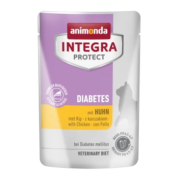 Pochette de nourriture pour chiens Animonda Integra Protect pour diabète, contenant du poulet, avec un texte en allemand et en anglais, et une silhouette de chien.