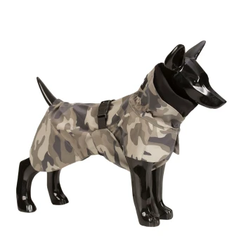 Ein schwarzer Schaufensterhund trägt einen camouflagen Regenmantel mit Kragen und Schnalle und zeigt ein stilvolles Design für Haustierbekleidung.