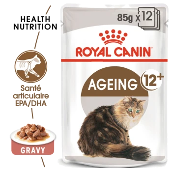 Pochette de nourriture pour chats Royal Canin Ageing 12+, avec une illustration de chat duveteux, portant les étiquettes "Health Nutrition" et "Gravy".