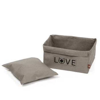 Grauem Haustieraufbewahrungskorb mit abnehmbarem Kissen, das das Wort "LIEBE" und ein Katzen-Silhouette-Logo zeigt.
