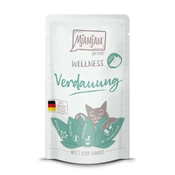 Mjamjam Wellness Katzenfutterbeutel mit einer verspielten Katzenillustration, beschriftet mit "Verdauung" zur Unterstützung der Verdauung, mit einem deutschen Qualitätssiegel.