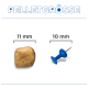 Pelet dla zwierząt obok niebieskiej pinezki pod nagłówkiem 'ROZMIAR PELETU' z etykietami '11 mm' (pelet) i '10 mm' (pinezka).