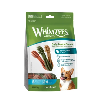 Eine Tüte Whimzees Daily Dental Treats für kleine Hunde, die 24 glutenfreie, rein natürliche, zahnformige Leckerlis in Grün, Braun und Orange enthält.
