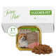 Verpackung für Katzenfutter mit 'Balu's Feine Paté' in einem goldenen Tablett, zeigt ein Katzenbild und den Text 'Reich an Pute', 100g Größe, 17 Stück.