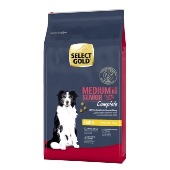 Complete Medium Senior Huhn 12 kg Hundefutterbeutel mit der Aufschrift "Select Gold Medium Senior" für Hunde ab 8 Jahren, mit einem schwarz-weißen Hund auf der Vorderseite.