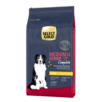 Un sac de nourriture pour chiens étiqueté "Select Gold Medium Senior" pour les chiens âgés de 8 ans et plus, présentant un chien noir et blanc sur le devant.