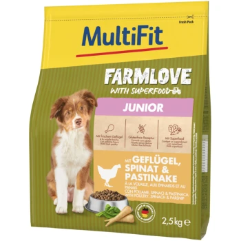 Opakowanie karmy dla psów "MultiFit FARMLove z Superfood JUNIOR", pokazujące młodego psa i podkreślające drób, szpinak i pasternak.