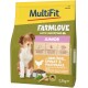 Dog food packaging for "MultiFit FARMLove with Superfood JUNIOR," showing a young dog and highlighting poultry, spinach, and parsnip.