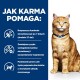 Pomarańczowy kot rasy tabby z niebieską obrożą siedzi na białym tle. Tekst podkreśla korzyści z karmy dla kotów dla zdrowia układu moczowego.
