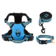 Blaues Haustiergeschirr mit reflektierenden Riemen und gepolstertem Design, ausgestattet mit einer stabilen Schnalle und verstellbarem Sitz.