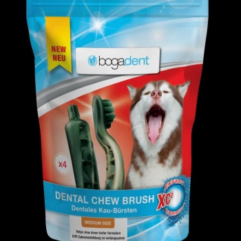 Ein Paket bogadent Dental Chew Brushes für Hunde, mit einem gähnenden sibirischen Husky, enthält vier mittelgroße Bürsten zur Reduzierung von Zahnstein.