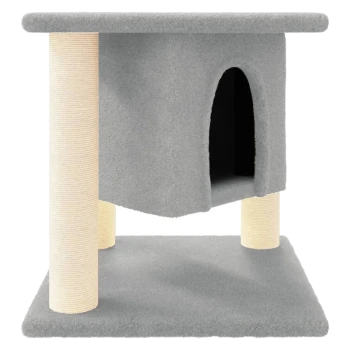 Grau Katzenbaum mit einem gemütlichen Versteck, zwei Kratzpfosten und einer weichen oberen Plattform.