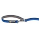 Blaue Hundeleine mit einem silbernen Metallclip und einem schwarzen und gelben "RUFFWEAR" Logo-Patch.