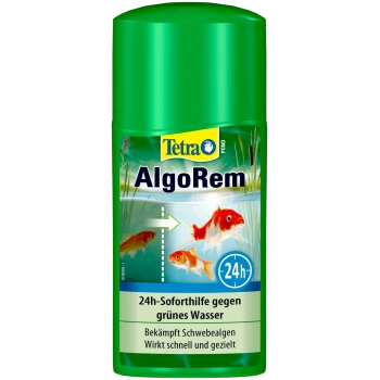 Groene Tetra AlgoRem fles voor vijvers, met goudvis illustraties en tekst: "24h Soforthilfe gegen grünes Wasser" en "Bekämpft Schwebealgen."