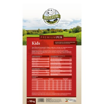 Etikett für Bellfor Premium Pur Kids Hundefutter, mit Nährwertinformationen, Zutaten und Fütterungshinweisen für Welpen und junge Hunde.