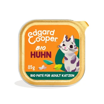 Edgard Cooper BIO Huhn Katzenpaté, 85g, mit einer verspielten Katzenillustration auf orangefarbenem Hintergrund, beschriftet mit "BIO PATÉ FÜR ADULT KATZEN."