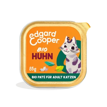Edgard Cooper BIO Huhn kattenpaté, 85g, met een speelse kattenillustratie op een oranje achtergrond, gelabeld "BIO PATÉ FÜR ADULT KATZEN."