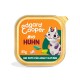 Edgard Cooper BIO Huhn Katzenpaté, 85g, mit einer verspielten Katzenillustration auf orangefarbenem Hintergrund, beschriftet mit "BIO PATÉ FÜR ADULT KATZEN."