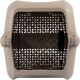Beige plastic pet carrier with black metal mesh door, ventilation holes, and secure side latches.