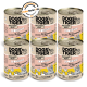 Sechs Dosen DOGS'n TIGER Haustierfutter, gekennzeichnet mit 'FROHSINN', mit Hühnerherzen und Kürbis, mit einem Qualitätssiegel von FutterTester.de.
