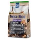 Hundetrockenfutterbeutel mit der Aufschrift "Twice Nice Senior Huhn" mit zusätzlichen Filetstücken, mit einer Person, die einen Hund auf der Vorderseite führt. 1 kg Nettogewicht.