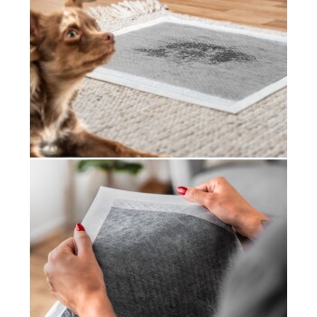 Ein kleiner brauner Hund schaut neugierig auf eine strukturierte schwarz-weiße Tiermatte auf einem gewebten Teppich, während eine Person die Matte hält und sich darauf vorbereitet, sie zu platzieren.