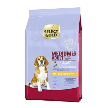 Select Gold Medium Adult Light dog food bag featuring a beagle on the front, with text indicating it's suitable for dogs 11-25 kg.