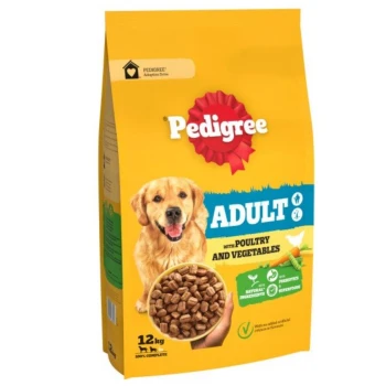 Pedigree Adult dog food bag featuring a smiling golden retriever, labeled "with Poultry and Vegetables," 12 kg, 100% complete.