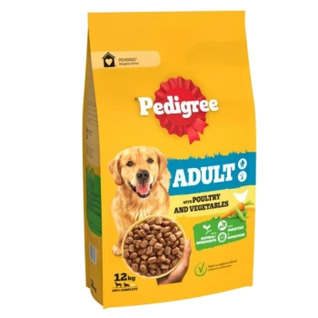 Pedigree Adult dog food bag featuring a smiling golden retriever, labeled "with Poultry and Vegetables," 12 kg, 100% complete.