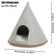 Graues Filzhaustier-Zelt mit dreieckiger Form, mit einem seitlichen Eingang von etwa 14 x 19 cm und einer Gesamthöhe von 50 cm.