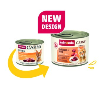 Animonda Carny Kätzchendosen (alt und neu), Kätzchenfoto, 'NEW DESIGN'-Label und Text 'Geflügel + Rind / Poultry + Beef'