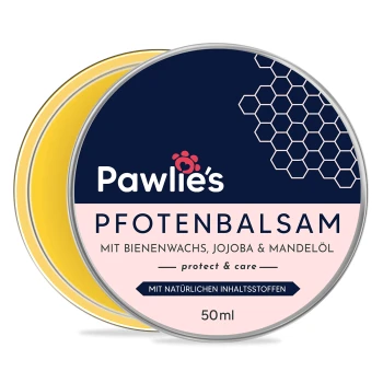 Pfotenbalsam-Dose von Pawlie, 50ml, mit Inhaltsstoffen wie Bienenwachs, Jojoba- und Mandelöl, mit dem Text "protect & care".