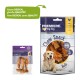 Verpackung für Hundeleckerlis: große Tüte "PREMIERE. I love my dog Chew Snack Rolls" mit einem lächelnden Hund; kleine Packung "PREMIERE. Chew It" auf lila.