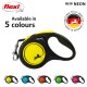 A flexi retractable dog leash in neon yellow, featuring a honeycomb design and a black handle, with text stating "Available in 5 colours."