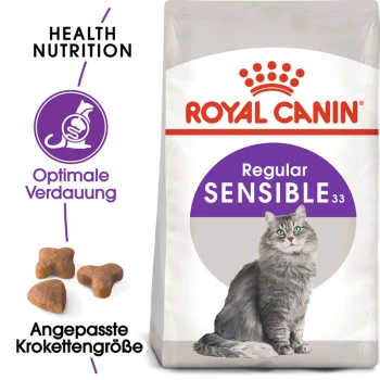 Sensible 33 400 g Royal Canin Sensible Katzenfuttertüte mit einer grauen Katzenillustration und Text über "Gesunde Ernährung", "Optimale Verdauung" und "Angepasste Krokettengröße."