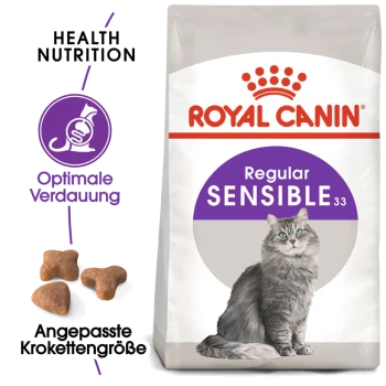 Royal Canin Sensible Katzenfuttertüte mit einer grauen Katzenillustration und Text über "Gesunde Ernährung", "Optimale Verdauung" und "Angepasste Krokettengröße."
