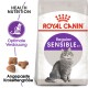 Royal Canin Sensible Katzenfuttertüte mit einer grauen Katzenillustration und Text über "Gesunde Ernährung", "Optimale Verdauung" und "Angepasste Krokettengröße."
