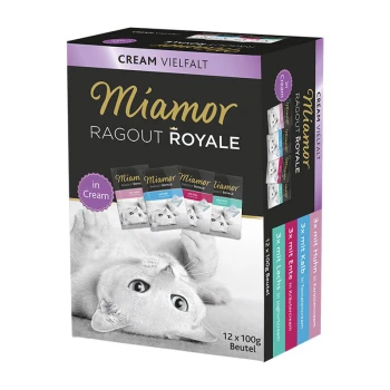 Miamor Ragout Royale Katzenfutterbox mit einer verspielten Katze auf der Vorderseite, enthält 12 Beutel cremiges Katzenfutter in verschiedenen Geschmacksrichtungen.