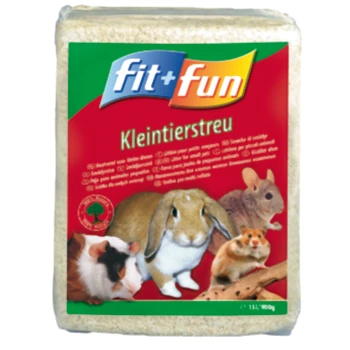 Un sac de litière pour petits animaux "fit+fun Kleintierstreu" avec des images d'un cochon d'Inde, d'un lapin, d'un hamster et d'un chinchilla sur un fond rouge.