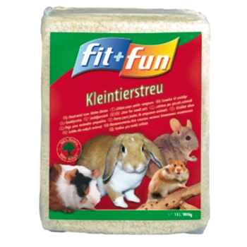 A bag of "fit+fun Kleintierstreu" small animal bedding featuring images of a guinea pig, rabbit, hamster, and chinchilla on a red background.